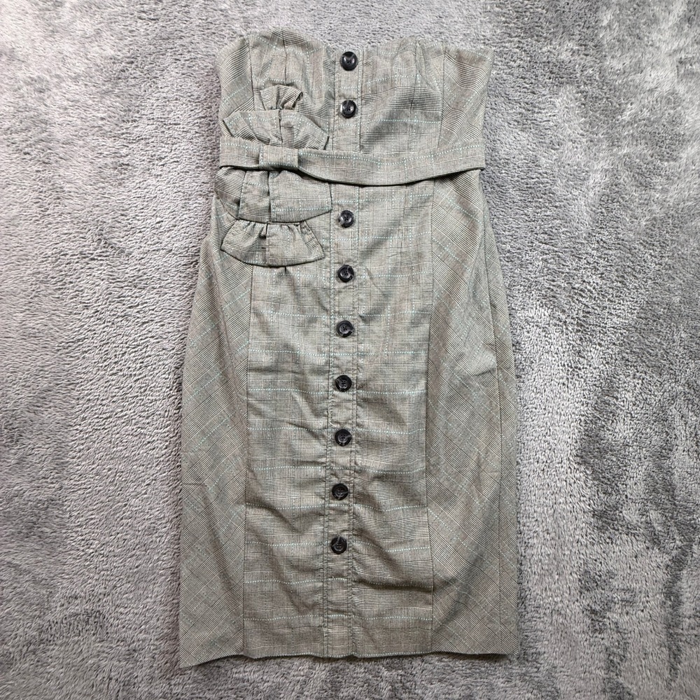 Anthropologie Floreat Strapless Dress Women 4 Grey Plaid NEW Doubly Adorned Bow